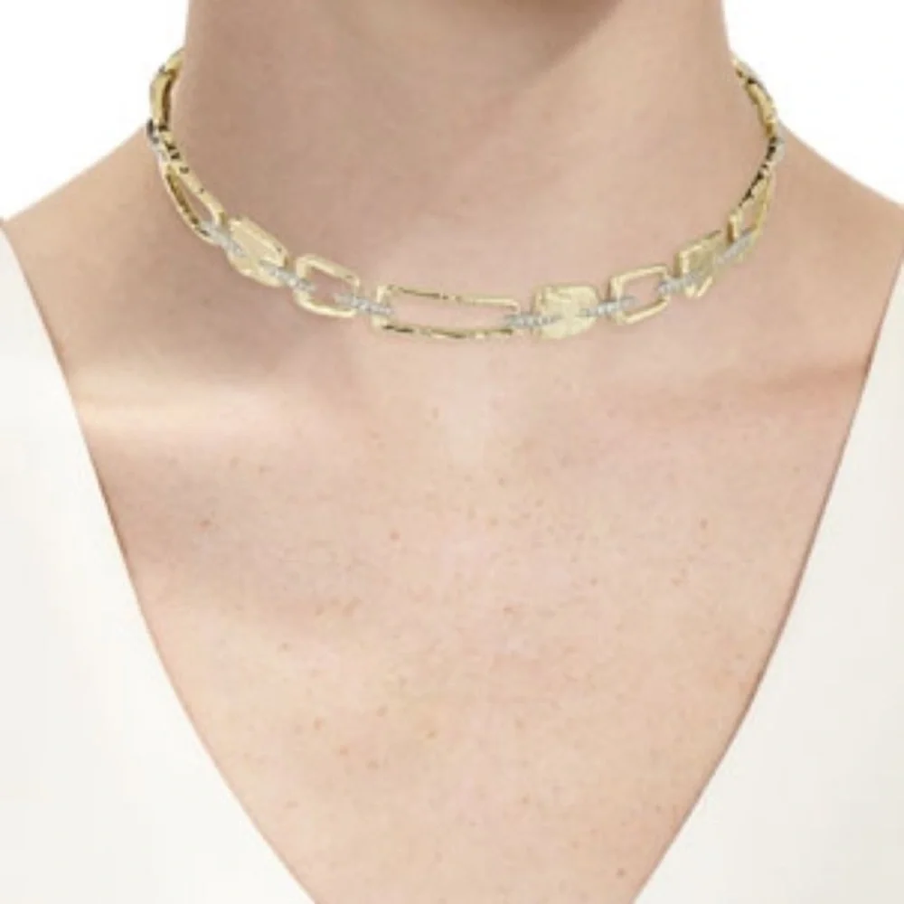 ALEXIS BITTAR • Gold Silver Chain Link Crystal Abstract Buckle Choker Necklace